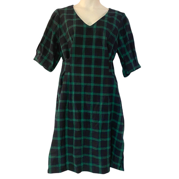 Eloquii Cotton Flannel Green Navy Plaid Tie Back Office Casual Fall Winter Dress - Picture 4 of 16